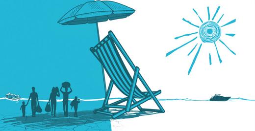 Sichert(e) sich auch unser Land einen Platz an der Sonne? Das Bild zeigt kontrastierend eine Gruppe von Flüchtlingen auf auf der einen Seite und eine luxuriöse Urlaubsszene mit Liegestuhl und Yacht, getrennt durch eine stilisierte Sonne.