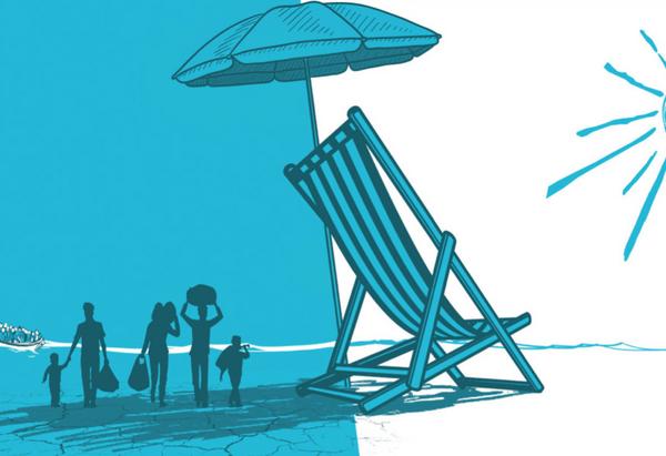 Sichert(e) sich auch unser Land einen Platz an der Sonne? Das Bild zeigt kontrastierend eine Gruppe von Flüchtlingen auf auf der einen Seite und eine luxuriöse Urlaubsszene mit Liegestuhl und Yacht, getrennt durch eine stilisierte Sonne.